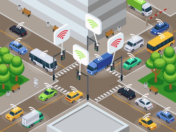 Illustration connected vehicles and infrastructure in urban intersection