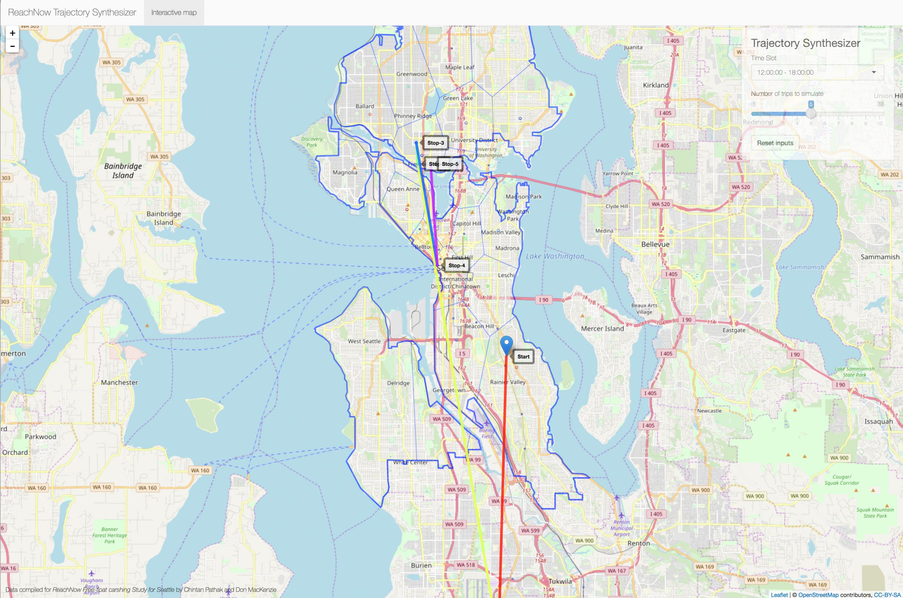Map of Seattle showing predicted route of a carshare vehicle