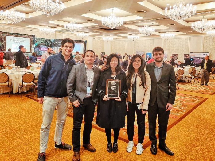 NYU ITE chapter leadership receives award at ITE Northeastern District Annual Meeting. Pictured: Treasurer Mateo Leon, past president Diego Correa Barahona, President Jingqin Gao, Social Director Assel Dmitriyeva and Public Outreach Coordinator Bruno Chede Cunha