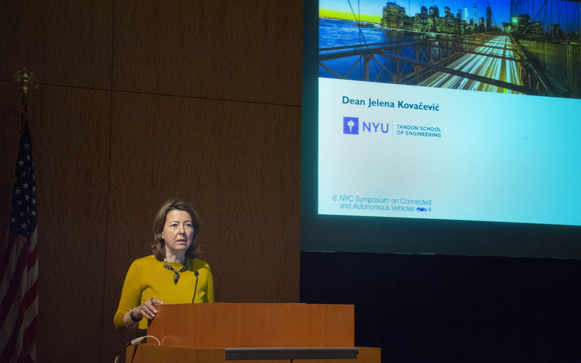 NYU Tandon Dean Jelena Kovacevic welcomes attendees at the beginning of the two-day symposium.