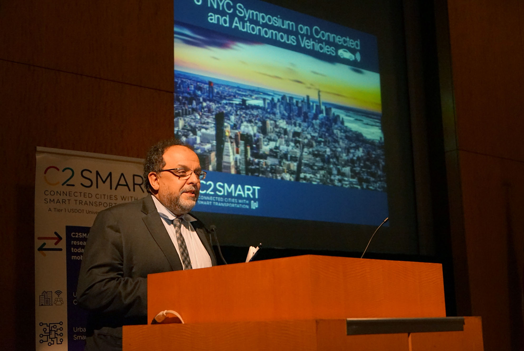 C2SMART Director Kaan Ozbay offers opening remarks at the start of the 6th NYC Symposium on Connected and Autonomous Vehicles