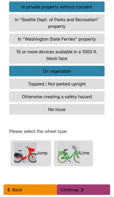 A photo of an app showing violation classes and a selection of bicycle type
