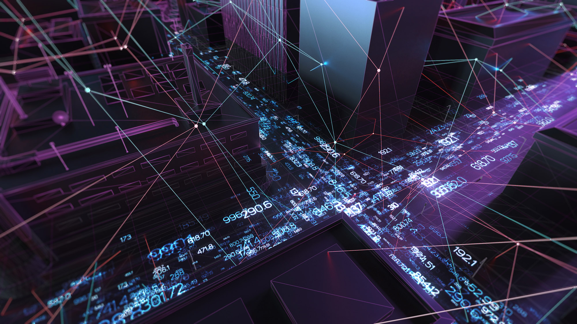 Abstract 3d city rendering with lines and digital elements. Digital skyscrappers with wire texture and random digits array. Perspective architecture background with wireframe skyscrapers.